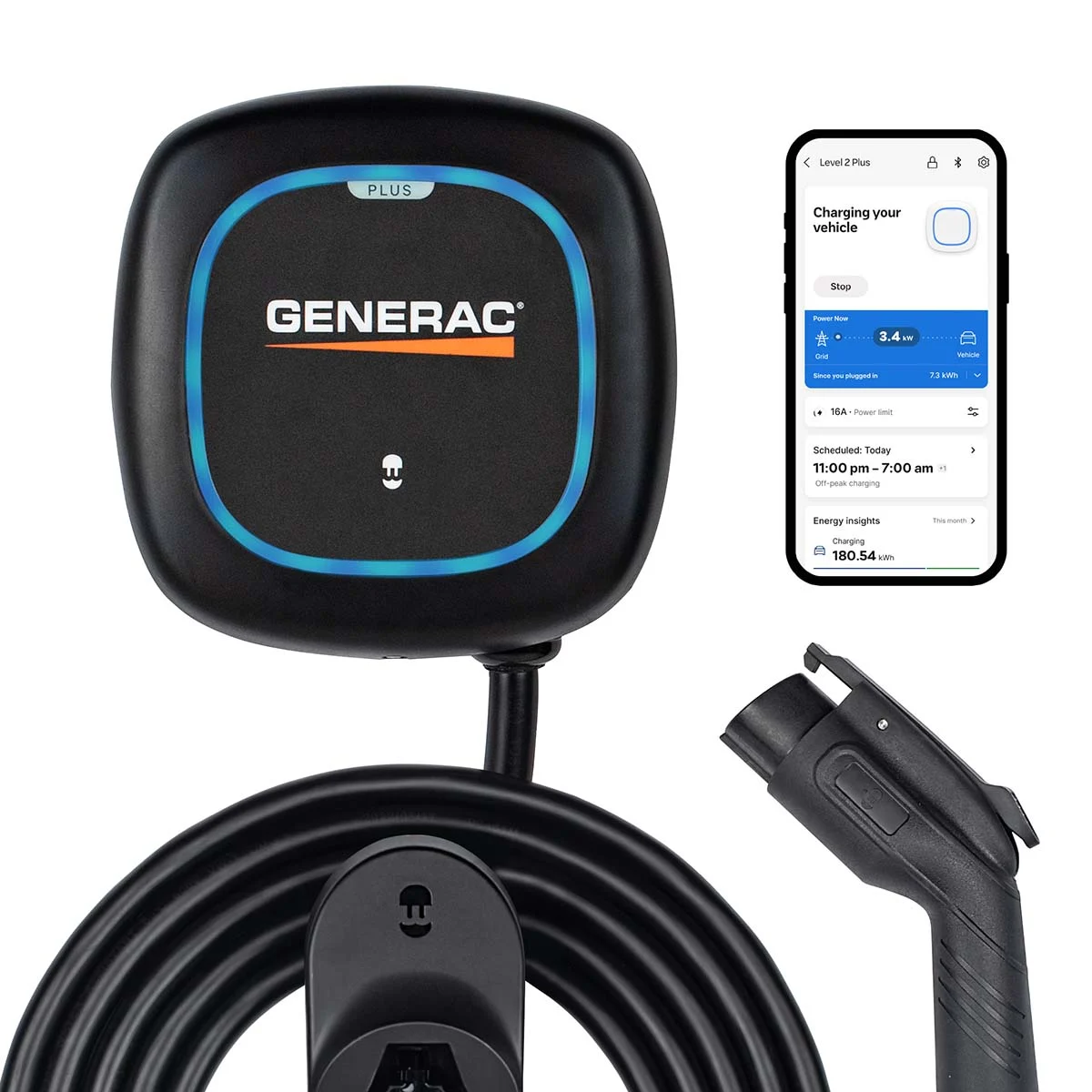 Product_Image_EVChargerAmazonComposite_2024 closeup of Generac charger and phone app